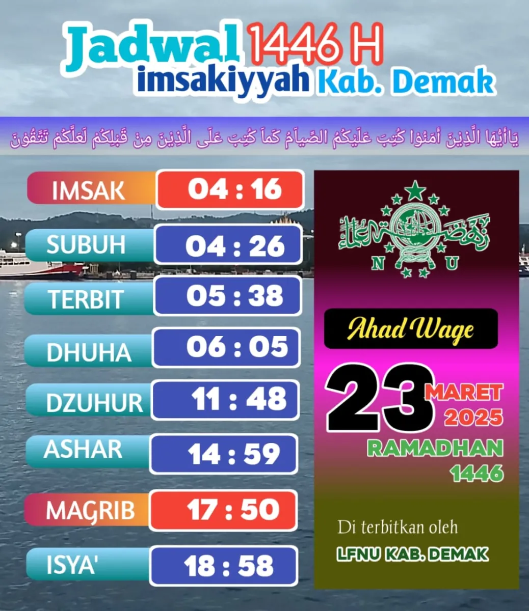 Jadwal Imsakiyah 23 Ramadlan Menurut Lembaga Falakiyah PCNU Demak, Berikut Rinciannya
