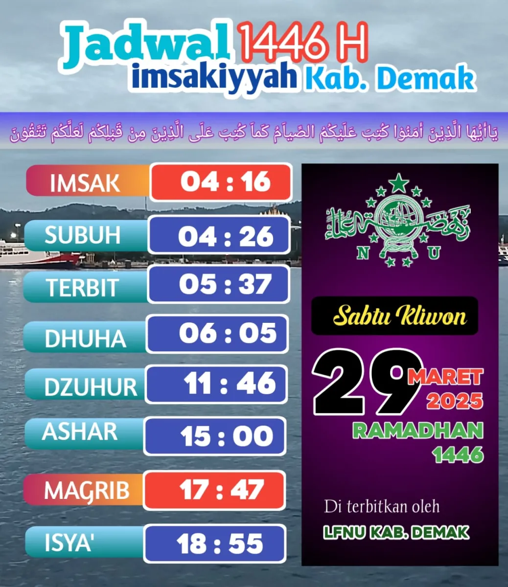 Jadwal Imsakiyah 29 Ramadlan Menurut Lembaga Falakiyah PCNU Demak, Berikut Rinciannya